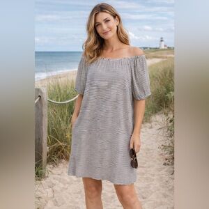 Garnet Hill Striped Midi Dress 100% organic cotton sheer gray grey white black